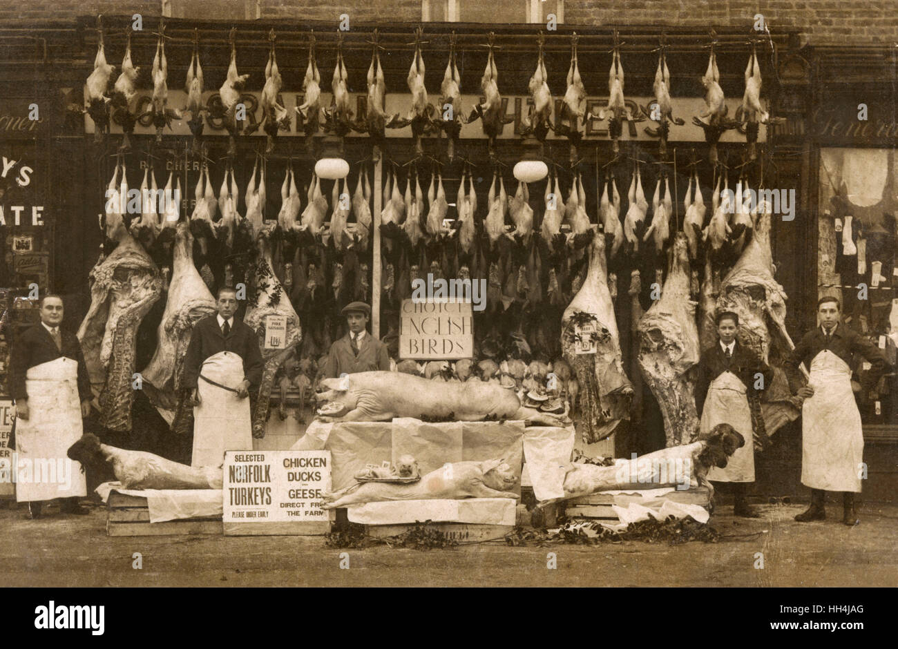Arthur Graham und Albert William verwelkt, Metzger einkaufen, 80 College Road, Bromley, Kent--eine erstaunliche Vielfalt von Fleisch und Geflügel, Ladenbesitzer und Assistenten stehen bereit zu dienen. Die Partnerschaft wurde 1936 aufgelöst und Widerrist th laufen weiterhin Stockfoto