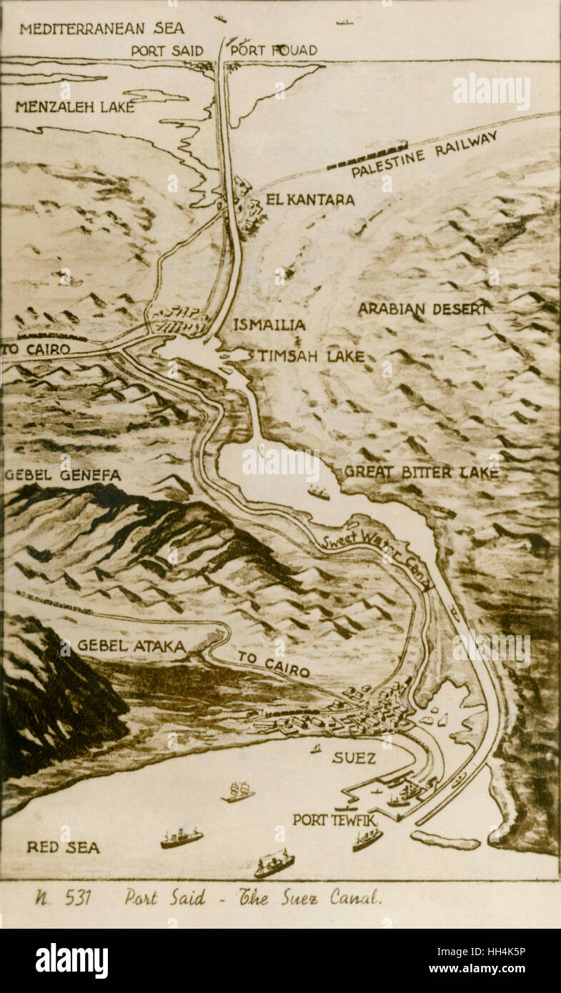 Karte des Suez-Kanals in Ägypten als Wegweiser Wasser vom Mittelmeer zum Roten Meer, die durch den Suez-Kanal-Firmengründung durch Ferdinand De Lesseps im 19. Jahrhundert gebaut wurde. Die Karte zeigt auch die meisten der großen Reiserouten in Stockfoto