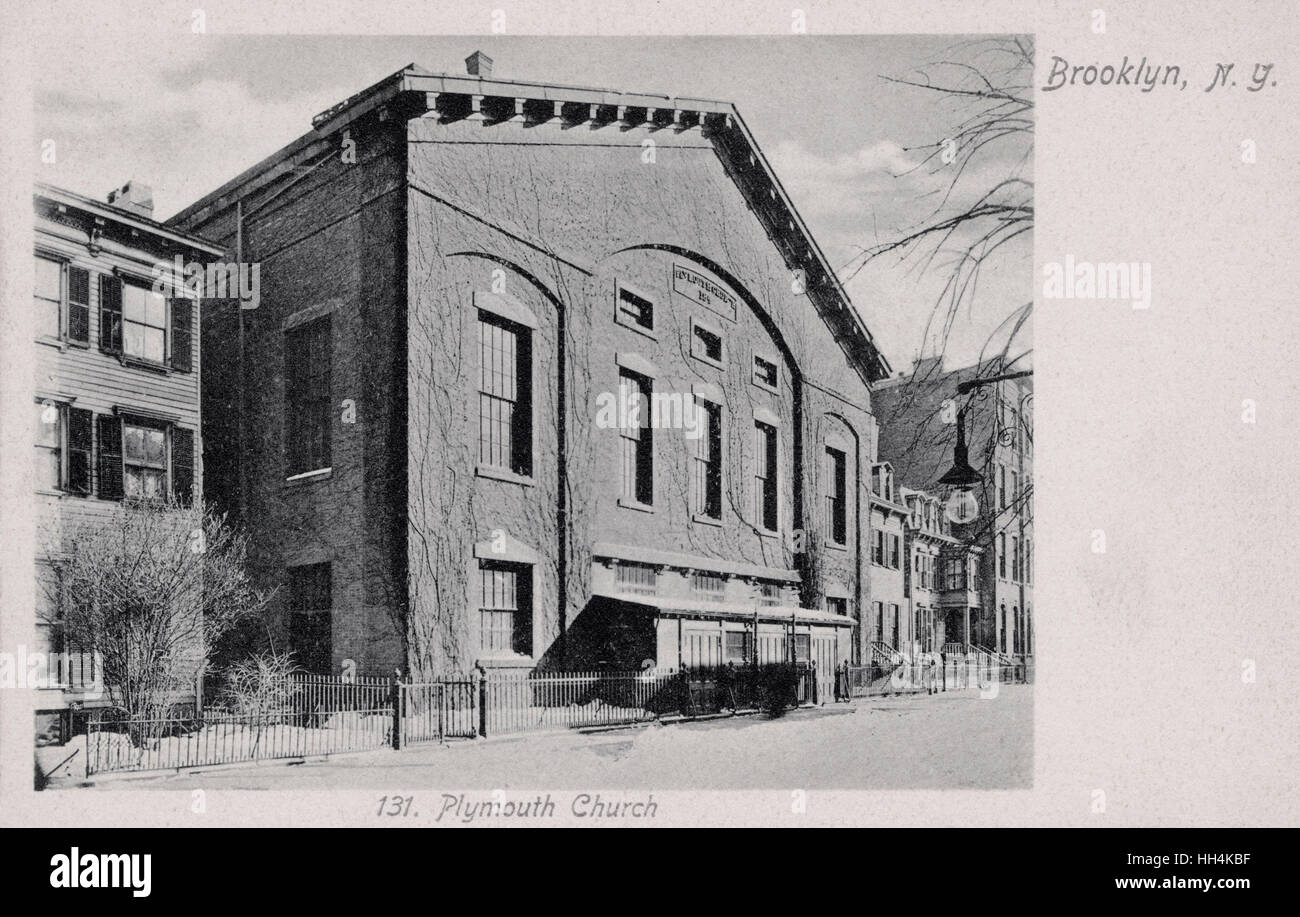 Postkarte mit der Plymouth-Kirche in ca. 1905. Viele berühmte Amerikaner kam der Plymouth-Kirche. Zum Beispiel sprach Abraham Lincoln bei Plymouth Kirche oder Dr. Martin Luther King, Jr. hielt eine Predigt über "The American Dream. Darüber hinaus viele andere f Stockfoto