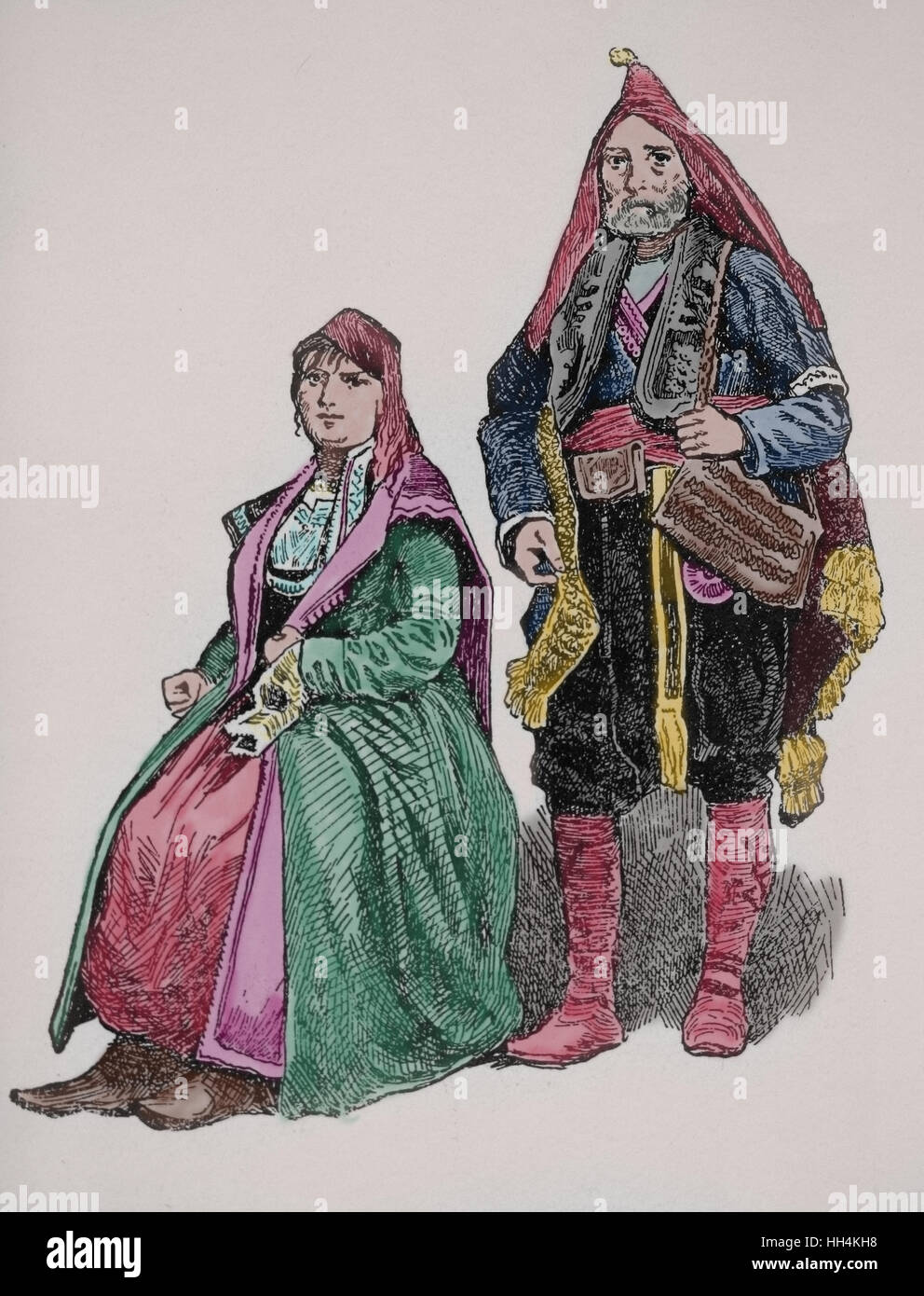 Trachten Mode. Bosnier. Gravur. 1800-1900. Farbe. Stockfoto