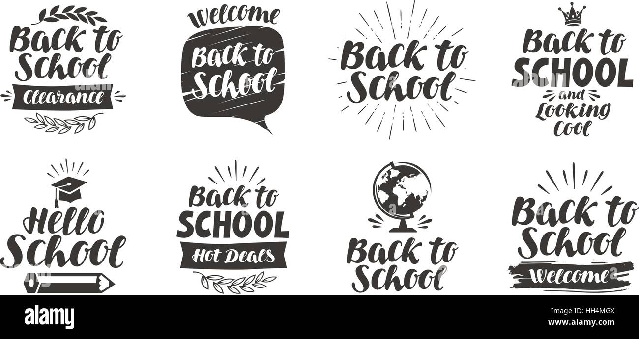 Zurück zur Schule, stellen Sie Icons. Handschriftlich Schriftzug. Label-Vektor-illustration Stock Vektor