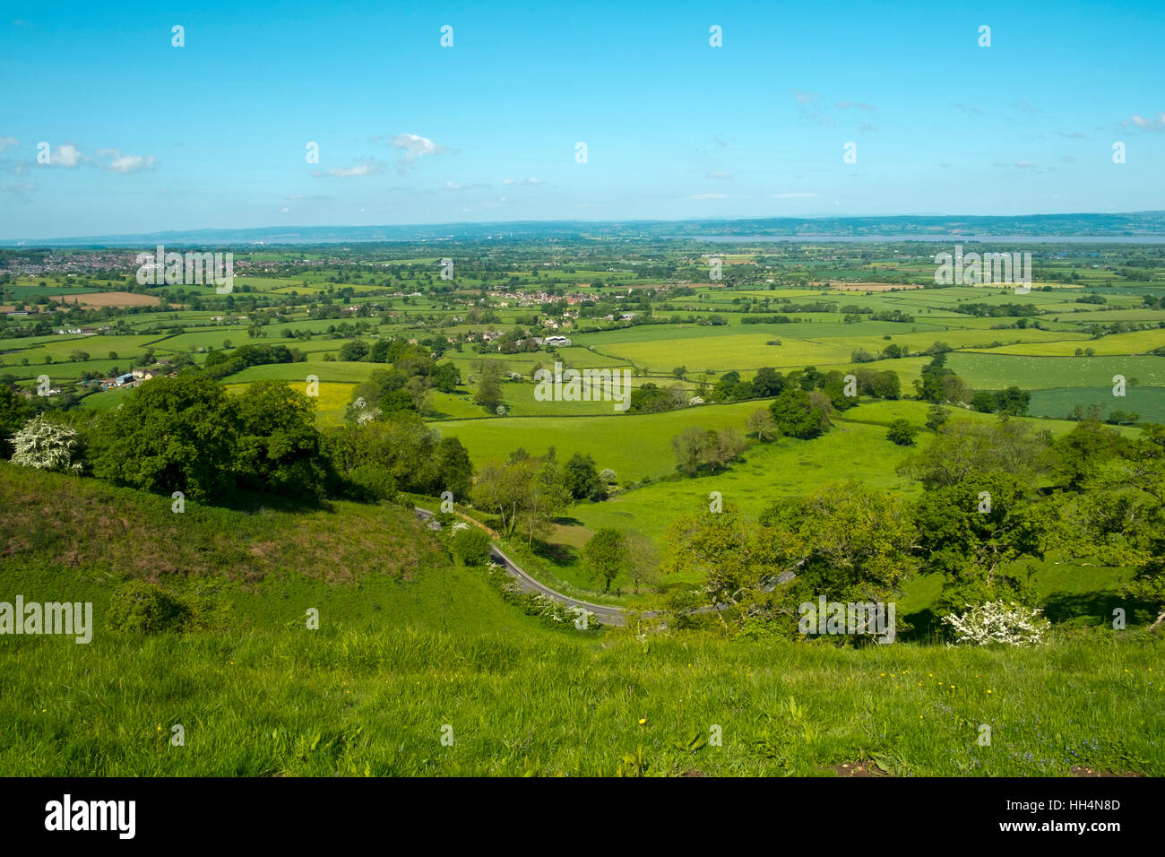 Blick über Patchwork-Felder von The Severn Vale aus Sicht der Coaley Peak in der Nähe von Nympsfield, Cotswolds, Gloucestershire, UK Stockfoto