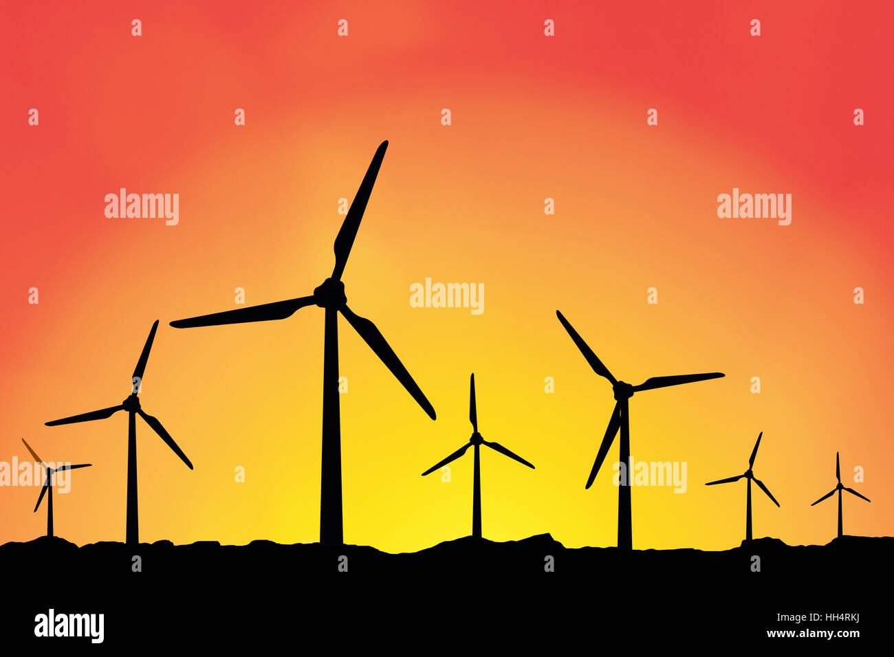 Windmühle Silhouetten bei Sonnenuntergang als erneuerbare Energie-Konzept Stockfoto