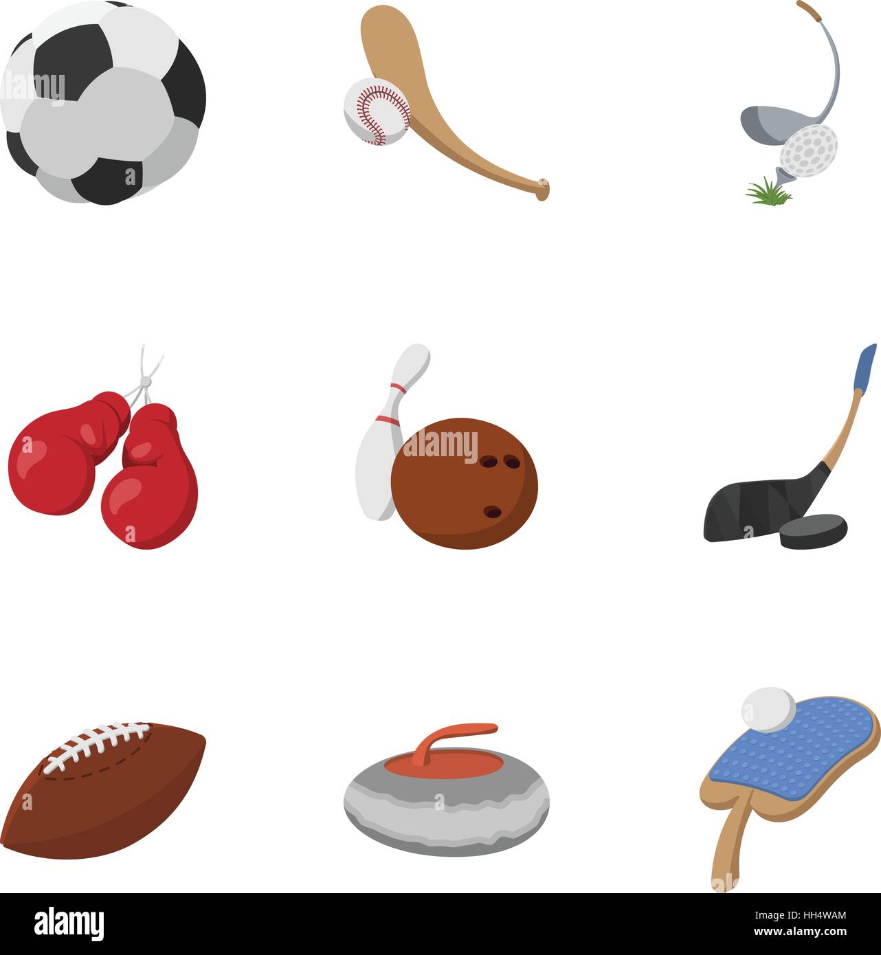 Sport-Zubehör-Symbole-Set, Cartoon-Stil Stock Vektor