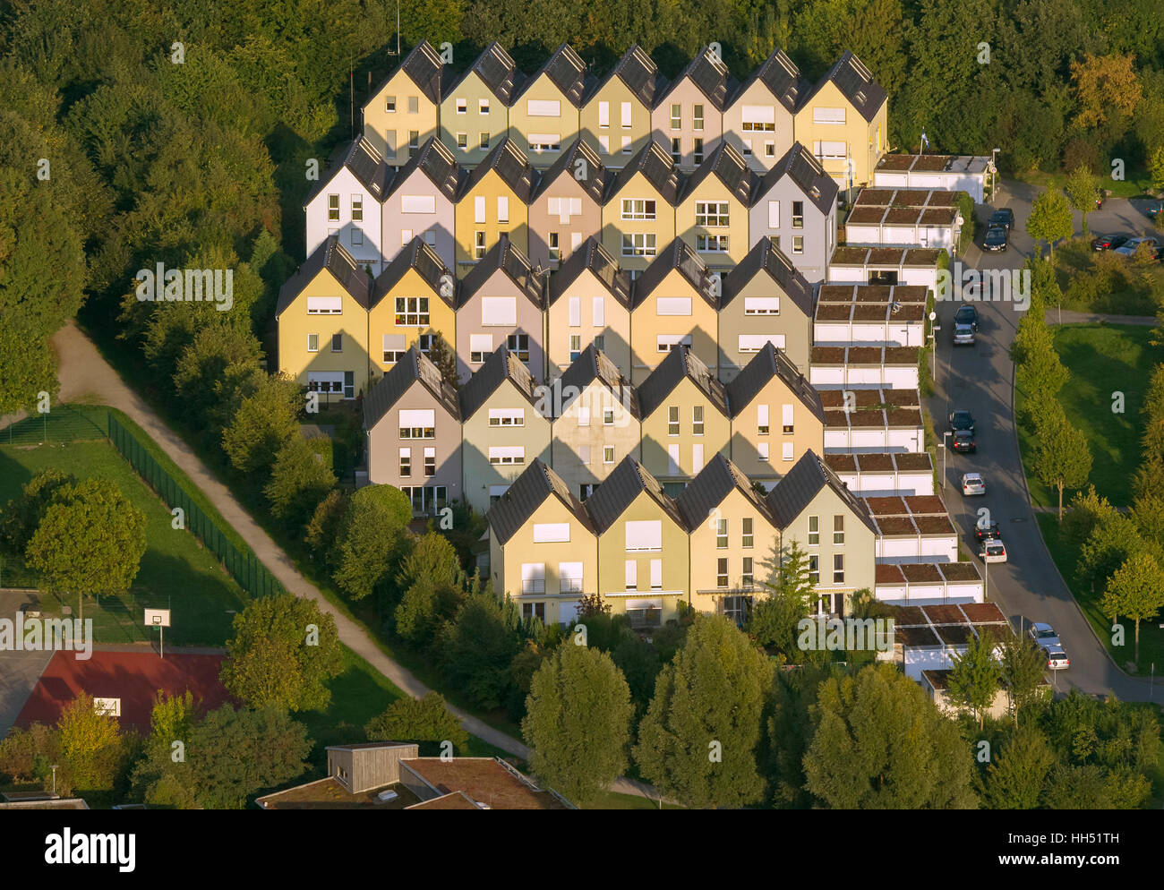 Solarsiedlung Gelsenkirchen-Bismarck Sonnenhof Sonne Hof, single-family Häuser, Gelsenkirchen, Ruhrgebiet, Nordrhein-Westfalen Stockfoto