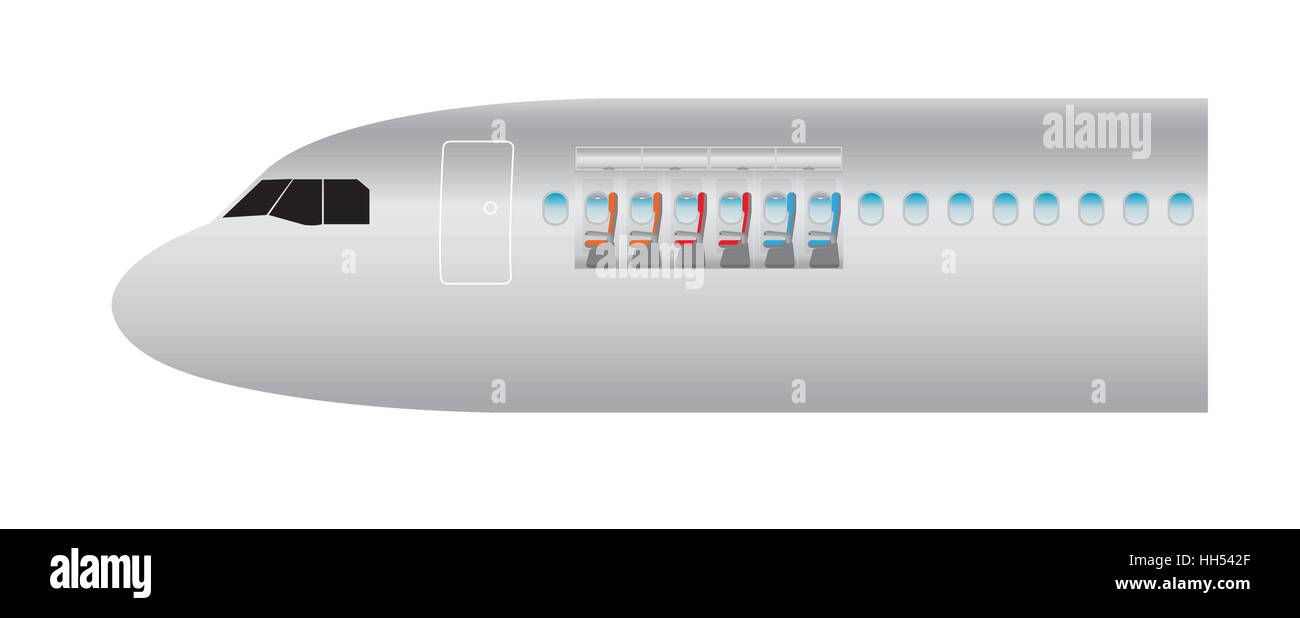 Außen und innen Flugzeug. Schwerpunkt der wirtschaftlichen Klasse Sitz Vektor-illustration Stock Vektor