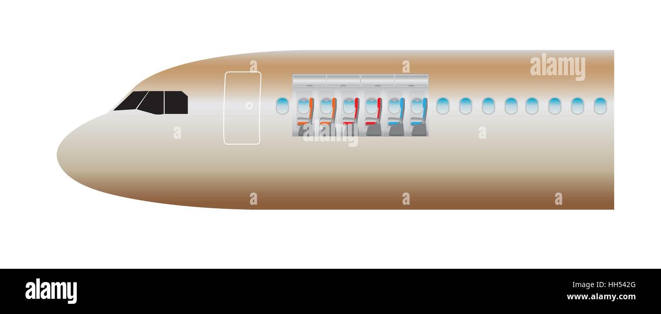 Außen und innen Flugzeug. Schwerpunkt der wirtschaftlichen Klasse Sitz Vektor-illustration Stock Vektor
