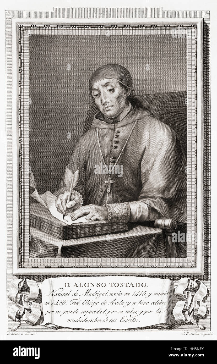 Alonso Tostado in Latein als Tostatus Abulensis (Sandwich von Ávila), Dominus Abulensis ("der Meister von Avila") oder einfach Abulensis, ca 1400-1455 bekannt.  Spanische Exeget und Bischof von Ávila, mit bürgerlichem Namen Alonso Fernández de Madrigal war.  Nach einer Radierung in Retratos de Los Españoles Ilustres veröffentlicht Madrid, 1791 Stockfoto