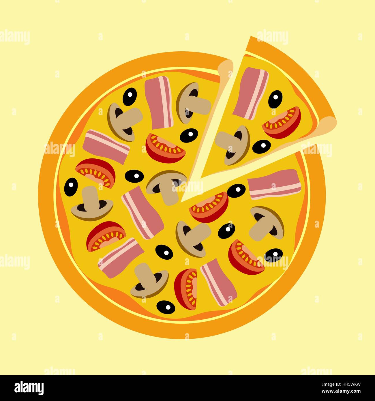 Gemischte Pizza mit Champignons, Tomaten, Oliven und Fleisch Stock Vektor