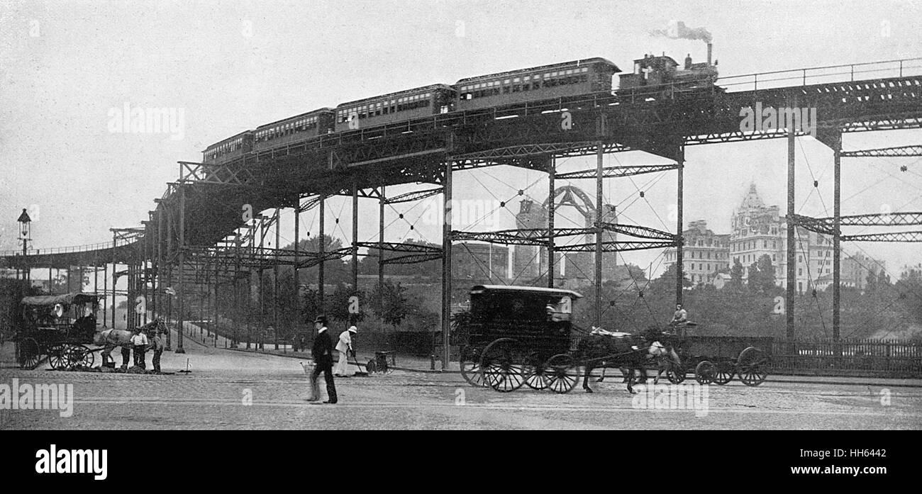 Erhöhte Eisenbahn im 110th Street Kurve, New York City, USA. Stockfoto