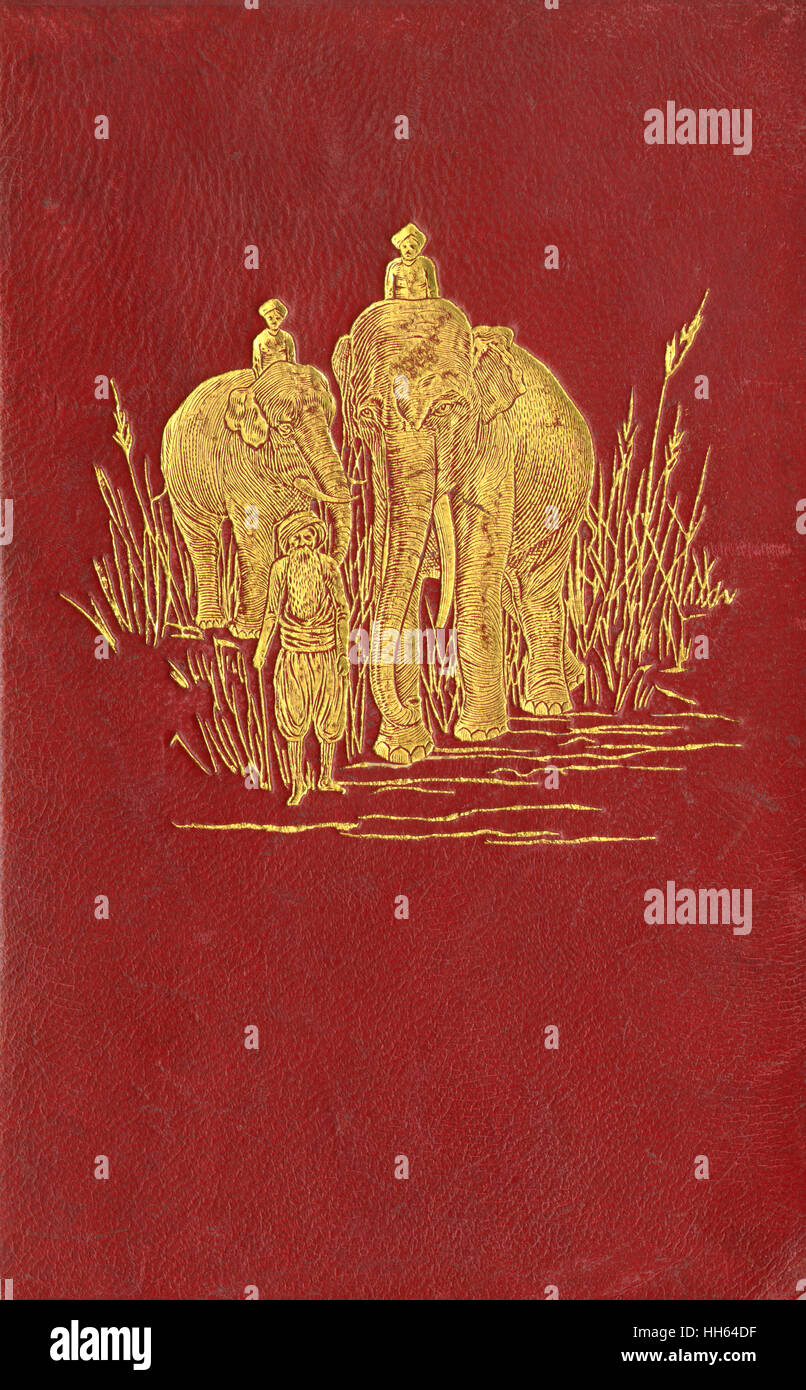 Buchbinderei für die zwei Dschungel-Bücher von Rudyard Kipling mit Elefanten, geführt durch einen Sumpf geprägt. Stockfoto