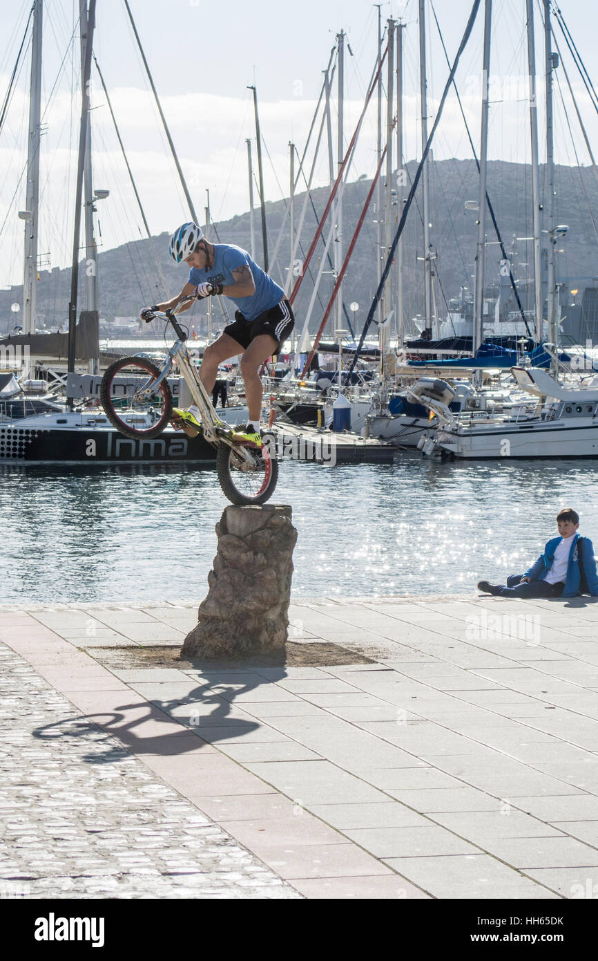 Stunt-Radfahrer Salden auf den Stumpf einer Palme durch den Hafen von Cartagena in Murcia Spanien Stockfoto