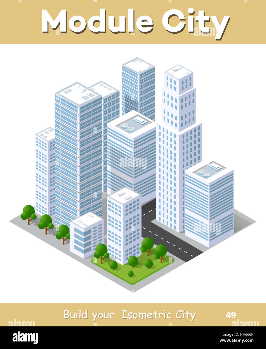 3D isometrische Stadtlandschaft von Wolkenkratzern, Häuser, Gärten und Straßen in einer dreidimensionalen Ansicht von oben Stockfoto