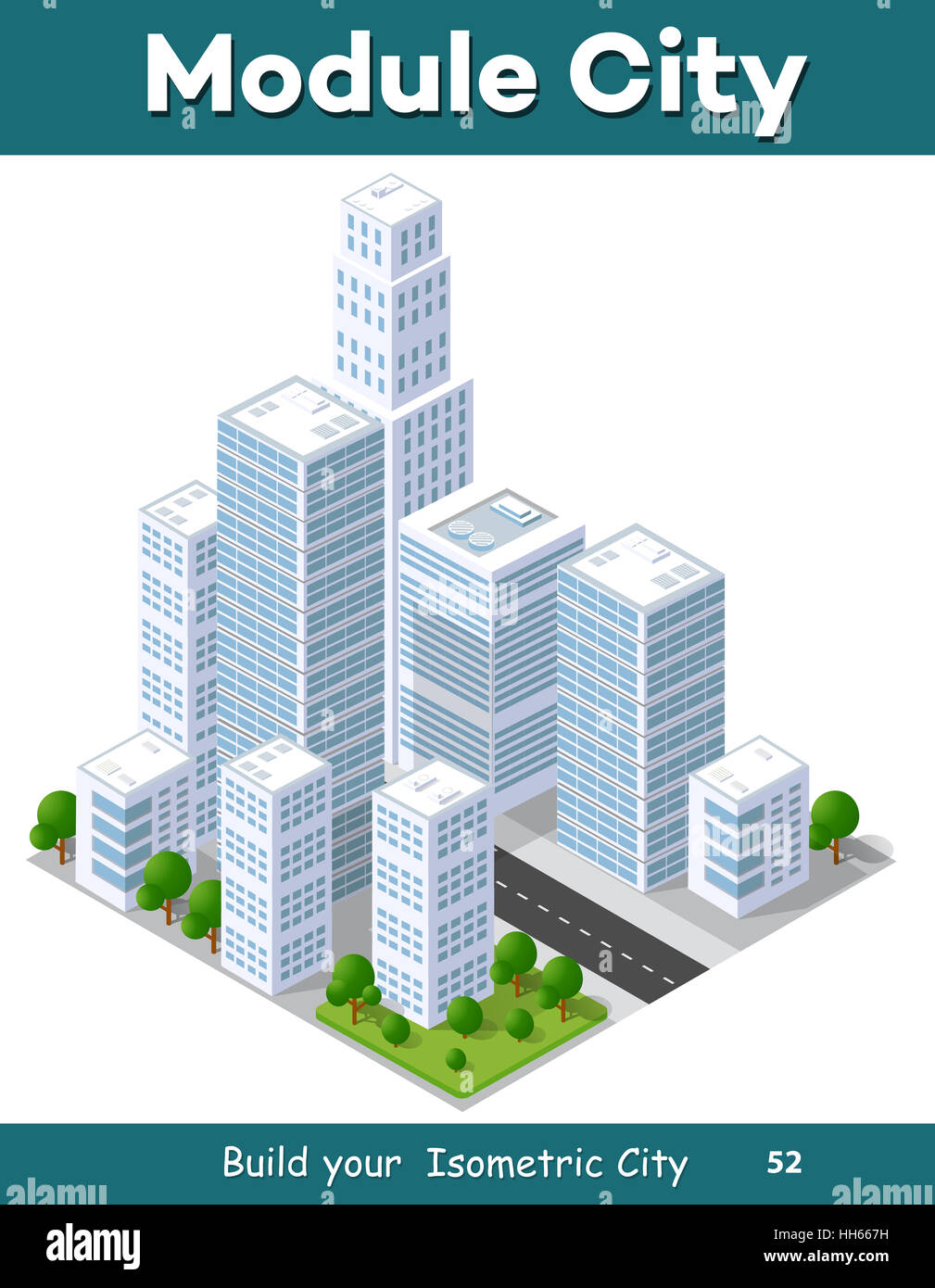 3D isometrische Stadtlandschaft von Wolkenkratzern, Häuser, Gärten und Straßen in einer dreidimensionalen Ansicht von oben Stockfoto