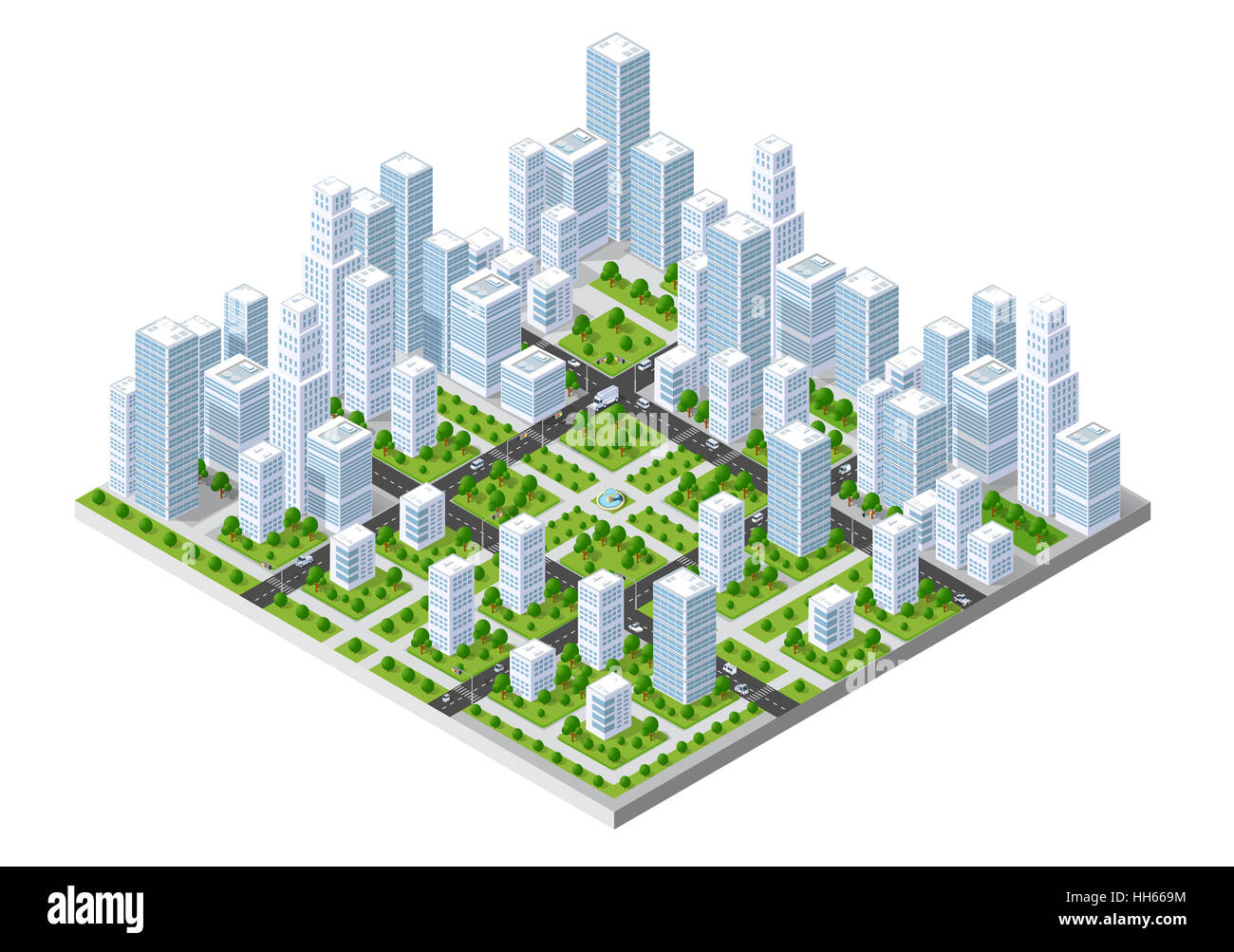 3D isometrische Stadtlandschaft von Wolkenkratzern, Häuser, Gärten und Straßen in einer dreidimensionalen Ansicht von oben Stockfoto