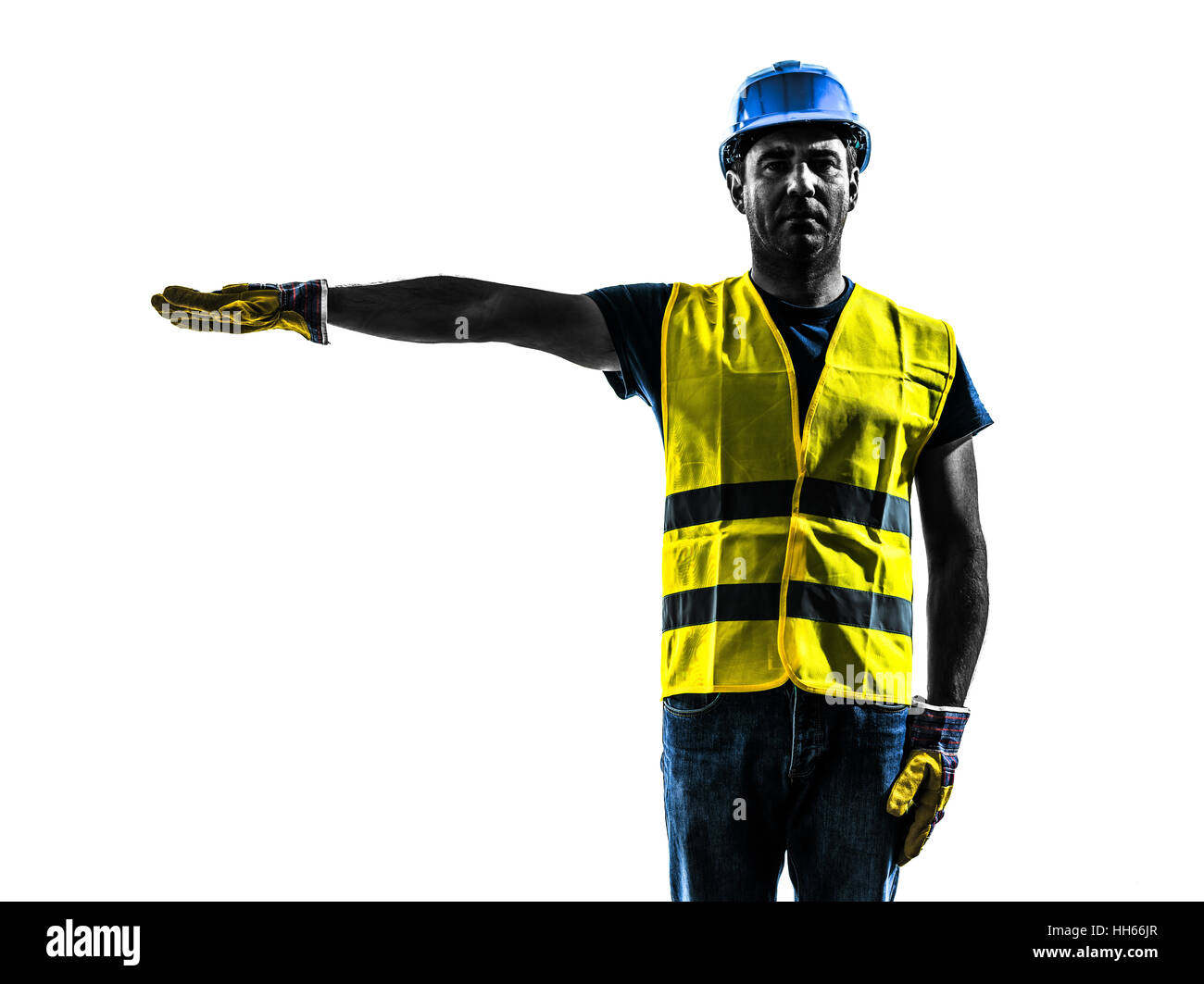 ein Bauarbeiter Signalisierung mit Sicherheit Weste Silhouette in weißen Hintergrund isoliert Stockfoto