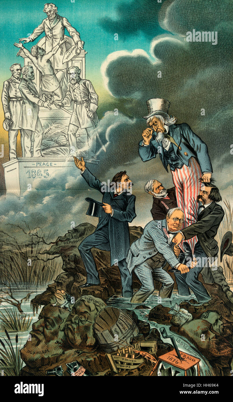 Einer großen Vergangenheit und eine erbärmliche vorhanden Cartoon zeigt mehrere Gesichter der Korruption "Blainism, Robesonism, Mahone Ablehnung, Land Grab, Whiskey-Ring, Rotten Schiffe, Pension Schwindel, Betrug 1876, Star Router, Gehalt greifen, Army Ring und Sektionaltore Problem" mit Reid deutete auf eine Statue in der oberen linken Ecke gekennzeichnet Whitelaw Reid, John Sherman, George F. Hoar und John Logan heben Uncle Sam über einen Sumpf voller zeigt General Robert E. Lee Hingabe an General Ulysses S. Grant und Admiral David G. Farragut auf der Basis einer Statue zeigt Abraham Lincoln Ausstellung die Emanzipations-Proklamation Stockfoto