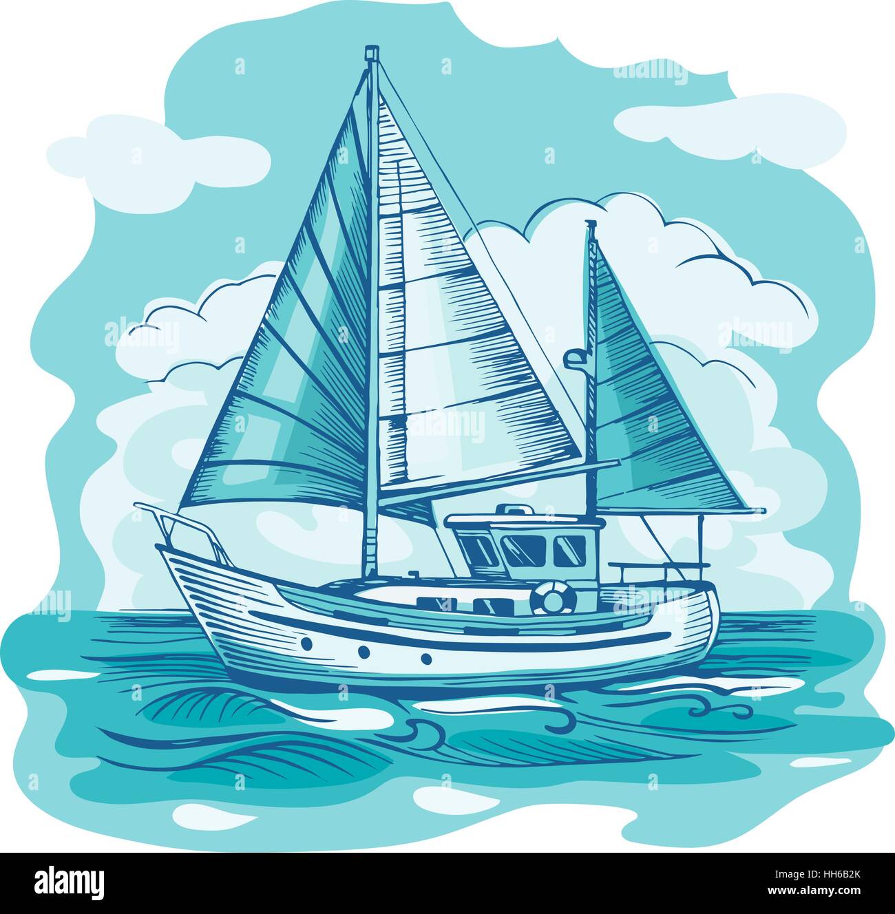 Segelboot Monochrom Vektor-Skizze mit Wolken und stilisiert Stock Vektor