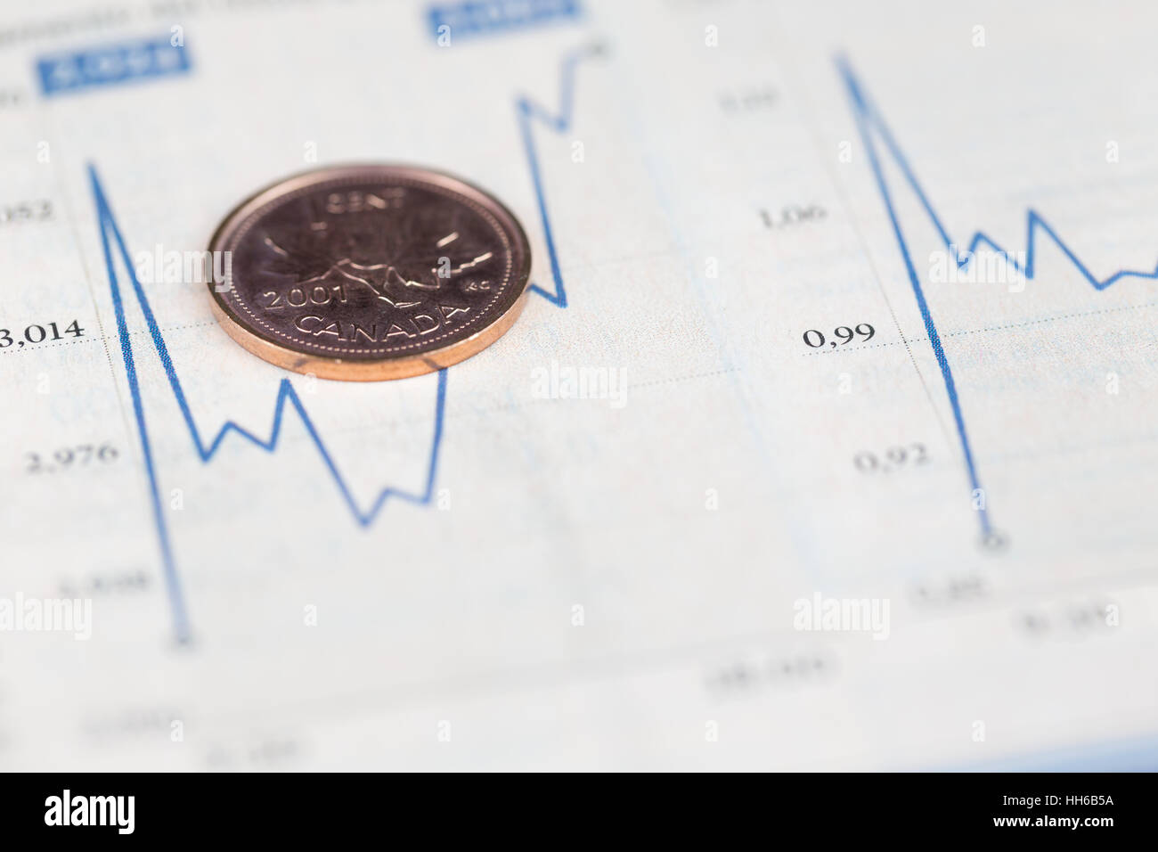 Eine kanadische Cent-Münze über finanzielle Diagramm, Wirtschaft-Konzept Stockfoto