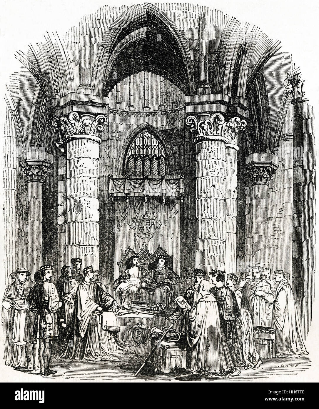 König Edward ich hielt ein Parlament in Bury St Edmunds Abtei Suffolk in 1296. Viktorianische Holzschnitt ca. 1845 Stockfoto