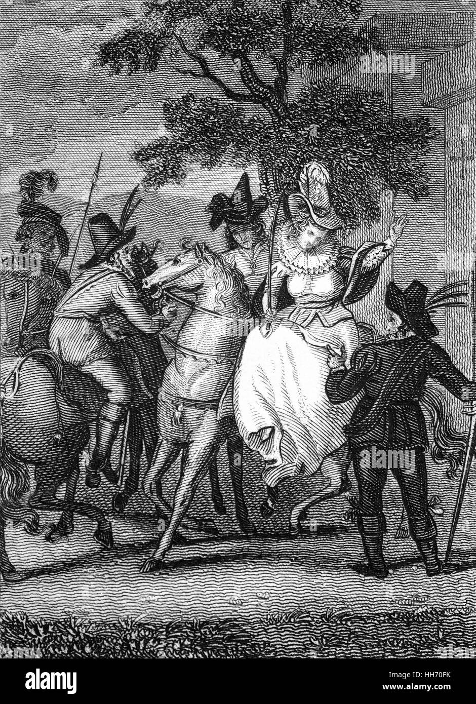 Die Verhaftung von Mary, Königin der Schotten, zwischen 21 und 23 April 1567. Auf dem Weg zurück nach Edinburgh am 24. April, nach dem Besuch ihres Sohnes an Stirling wurde Mary willentlich oder nicht, von Lord Bothwell und seinen Männern entführt und Dunbar Castle. Stockfoto