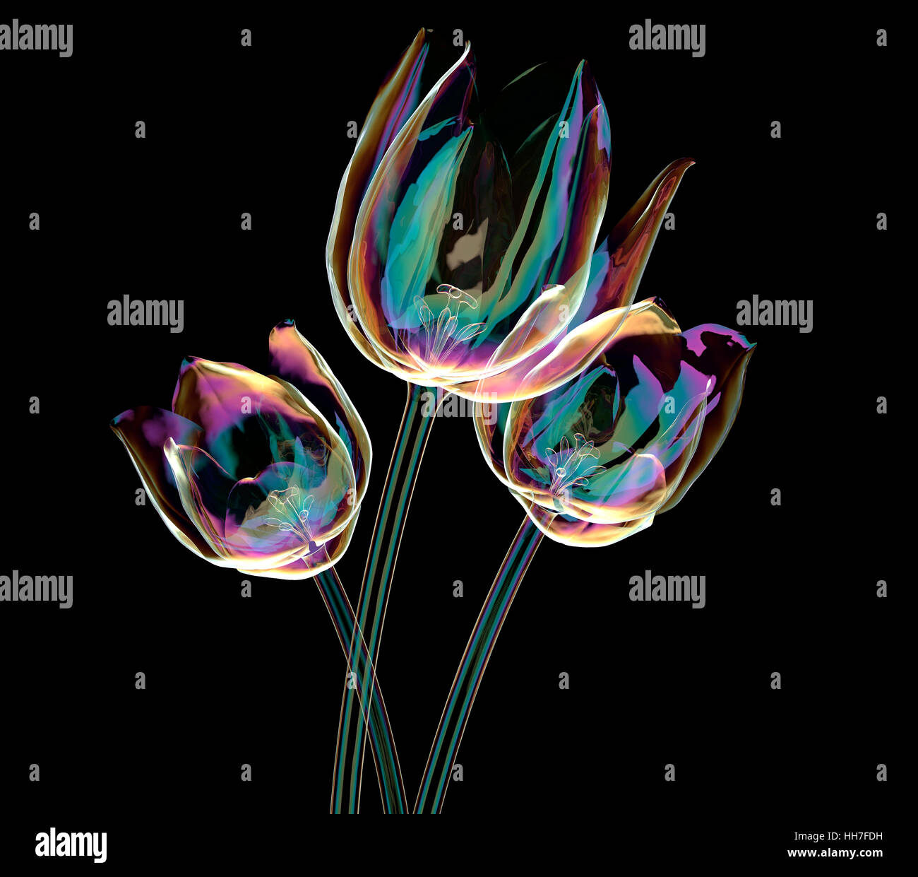 Farbe Glas Blume isoliert auf schwarz, die Tulpe 3d illustration Stockfoto