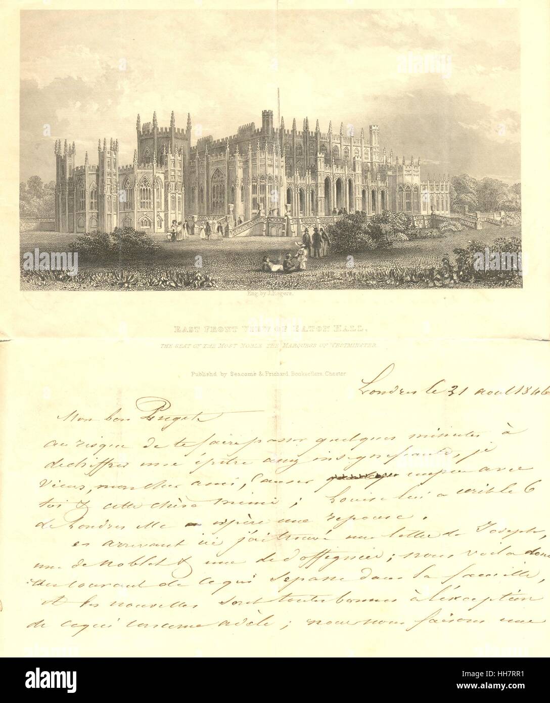 Bildhafte Schreibpapier mit dem Titel Front Ansicht von Eaton Osthalle, der Sitz der die edelste der Marquess of Westminster. Stockfoto