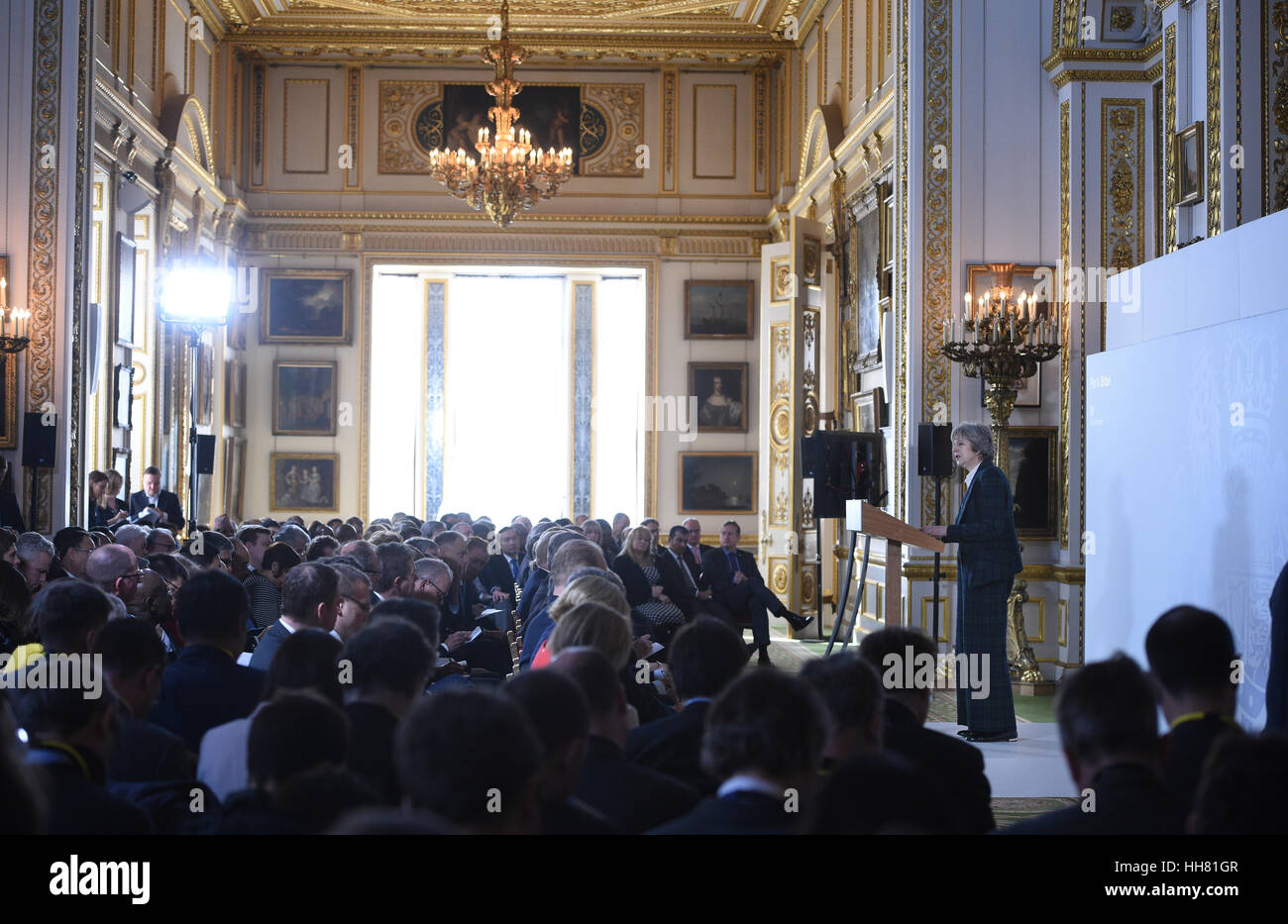 London, UK. 17. Januar 2017. Großbritanniens Premierminister Theresa May liefert ihrer Keynote "Brexit Rede" in Lancaster House in London, England am 17. Januar 2017. Der britische Premierminister Theresa bestätigt Mai am Dienstag, dass Großbritannien im EU-Binnenmarkt, beim beharren verlassen wird, dass es "der beste Freund und Nachbar" europäischen Partnern bleiben will. Bildnachweis: Xinhua/Alamy Live-Nachrichten Stockfoto