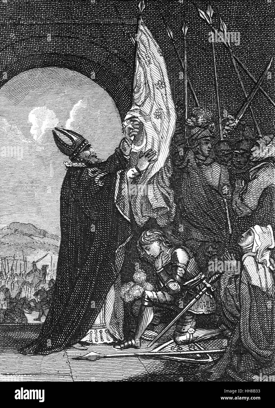 Joan Of Arc erhalten ihr besonderes Banner (Battle standard), die vorgenommen wurden, war ein schottischer Maler, Hamish Power oder Hauves Poulvoir war, während sie bei Touren bereitet sich die französische Armee im Jahr 1429 führen. Stockfoto