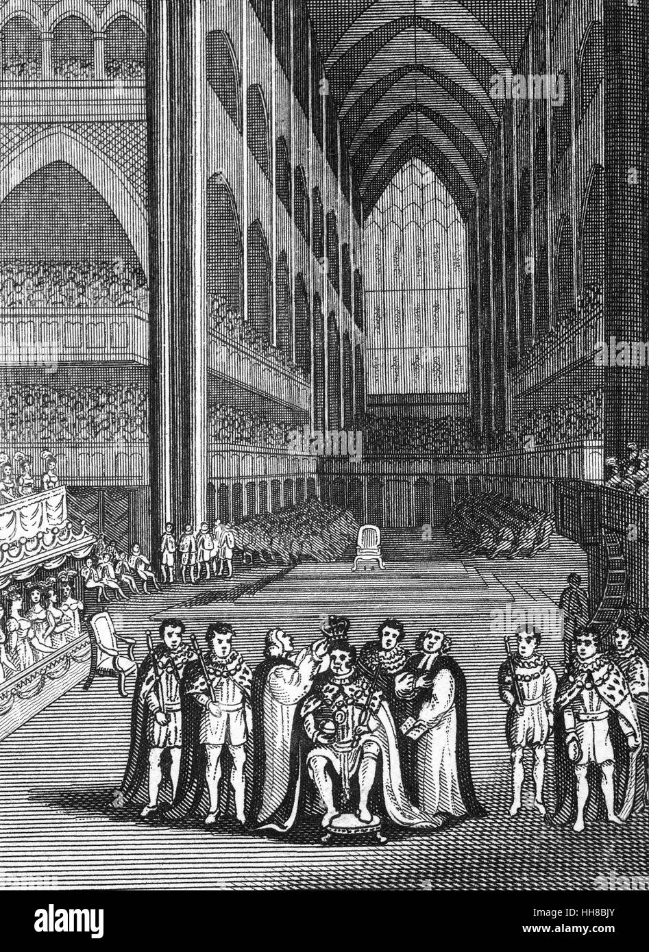 Die Krönung von König Henry VIII (1491-1547) in der Westminster Abbey am 21 April 1509. Heinrich war der zweite Tudor Monarch, Nachfolger seines Vaters Heinrich VII. Stockfoto