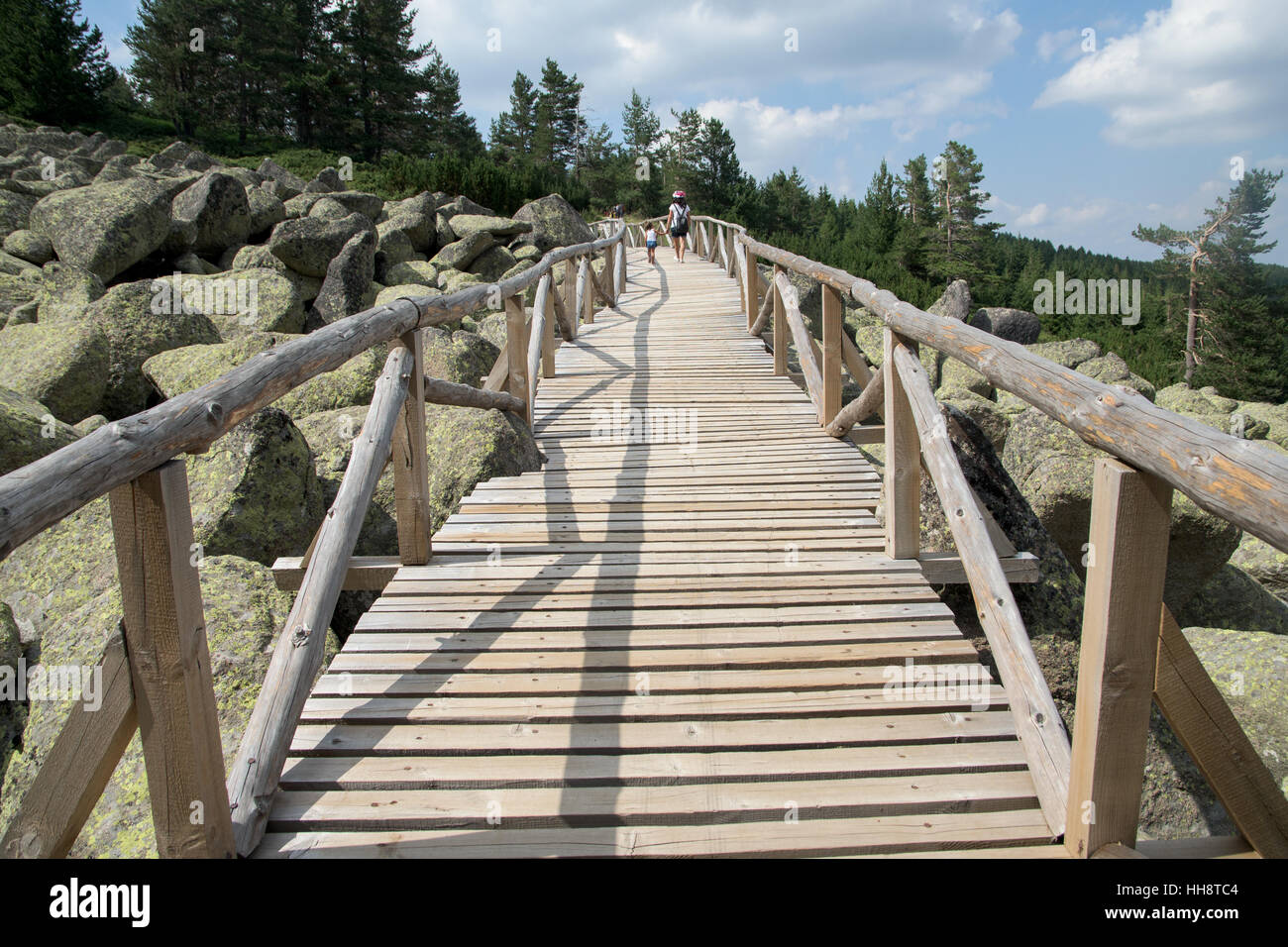 Holzbrücke über die Moränen in die Berge Stockfoto
