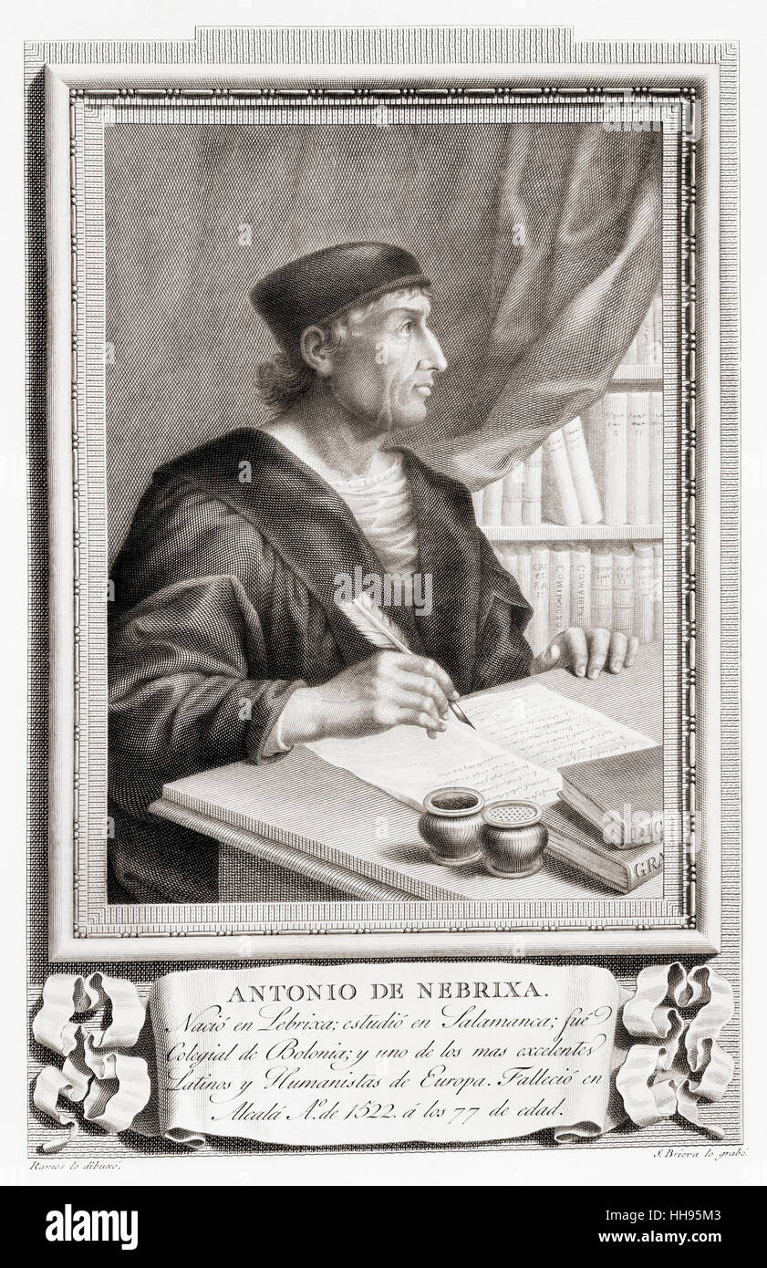 Antonio de Nebrija, 1441 – 1522, aka Antonio de Lebrija, Elio Antonio de Lebrija, Antonius Nebrissensis und Antonio Lebrixa.  Spanischen Renaissance-Gelehrten, Lehrer, Historiker, Dichter und Astronom, am bekanntesten für das Schreiben einer Grammatik der kastilischen Sprache.  Nach einer Radierung in Retratos de Los Españoles Ilustres veröffentlicht Madrid, 1791 Stockfoto