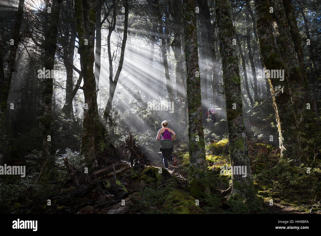 Trailrunning-Frau durch Lichtstrahlen in Queenstown, Neuseeland Stockfoto