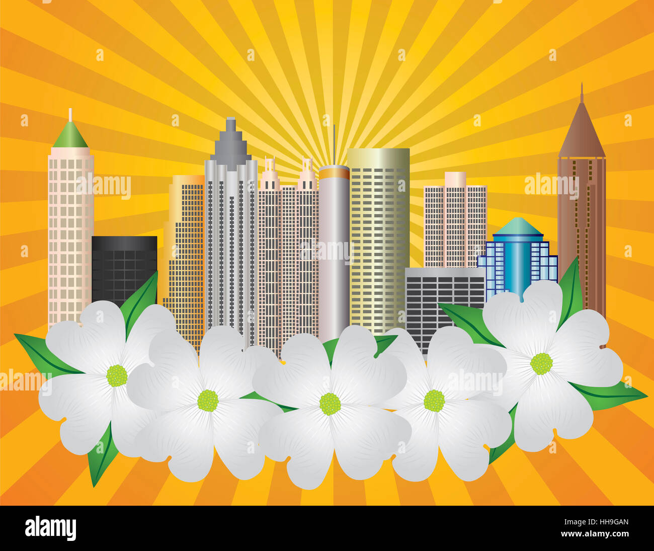 Ort, Stadt, Baum, Blume, Blumen, Pflanze, Skyline, Georgien, Hartriegel, Blatt, Stockfoto