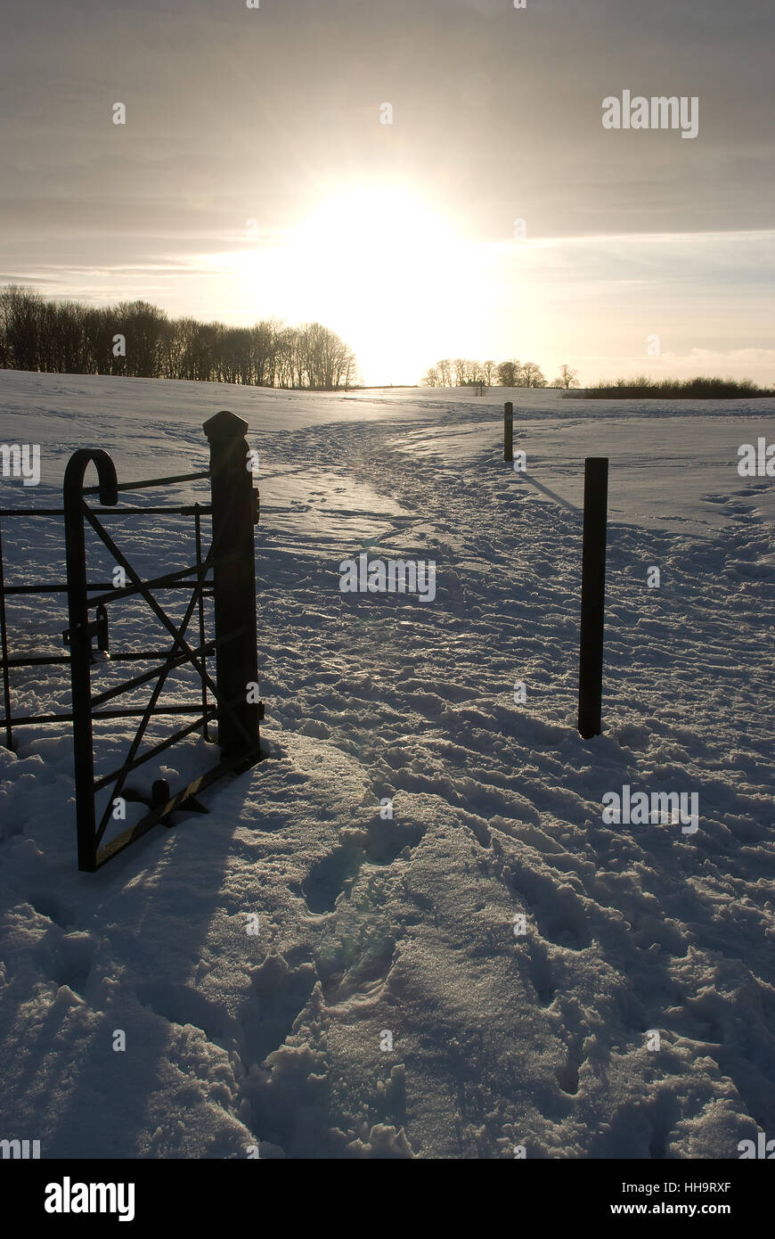 Schneebedeckte Landschaft, die durch ein kleines Tor zu einem glühenden Sonnenuntergang im Winter führt und mit Fußabdrücken im Schnee und in fernen Bäumen Stockfoto