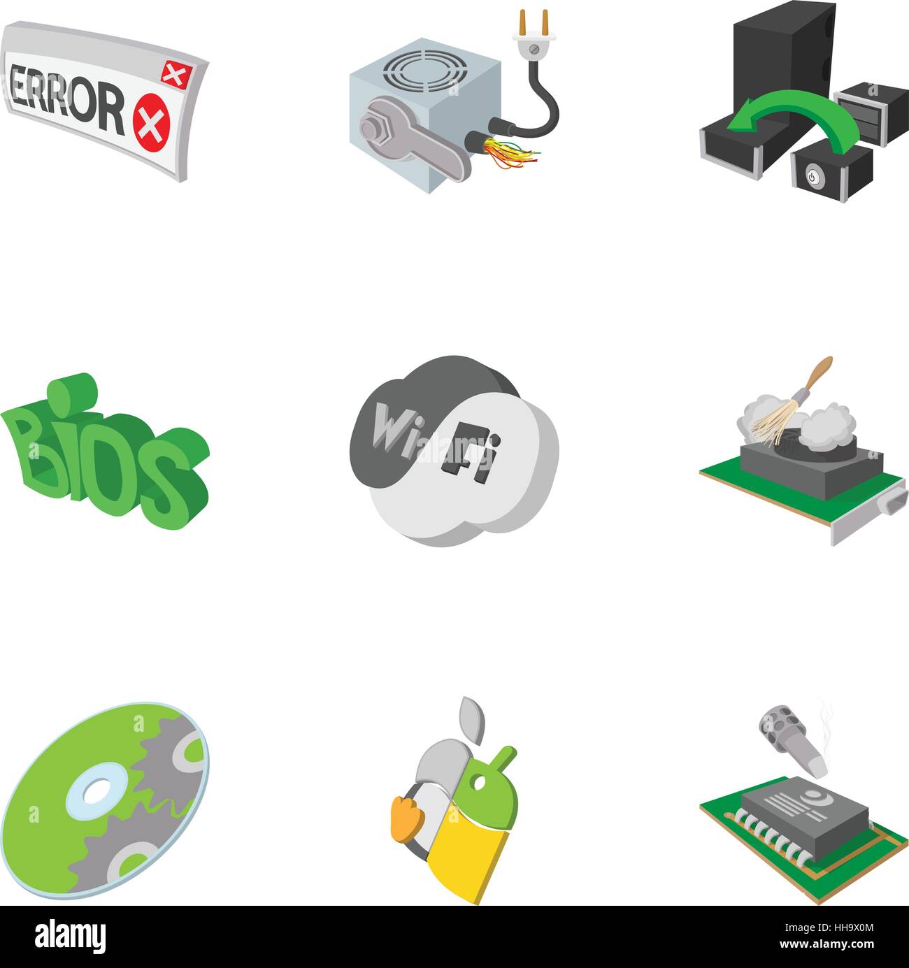 Computer-Reparatur-Symbole-Set, Cartoon-Stil Stock Vektor