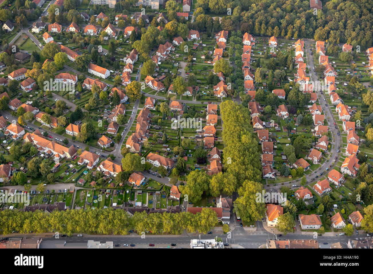 Siedlung Teutoburgia, Herne Börnig, Wohnsiedlung, rote Dächer, Herne, Ruhrgebiet, Nordrhein-Westfalen, Deutschland, Europa, Stockfoto