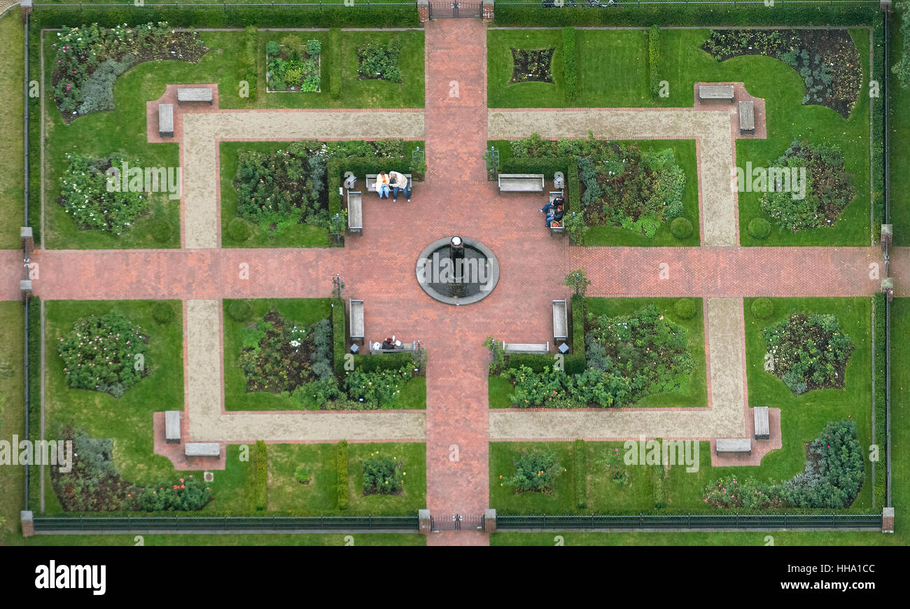 Rosarium, Schlossgarten, Moers, Ruhrgebiet, Niederrhein, Nordrhein-Westfalen, Deutschland, Europa, Luftaufnahme, Vögel-Augen-Blick Stockfoto