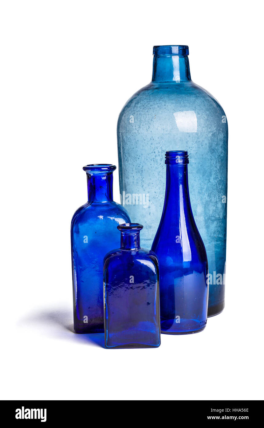 blau, Antiquität, Behälter, Flaschen, Patina, Gehäusen, glasig, alt, blau, Stockfoto