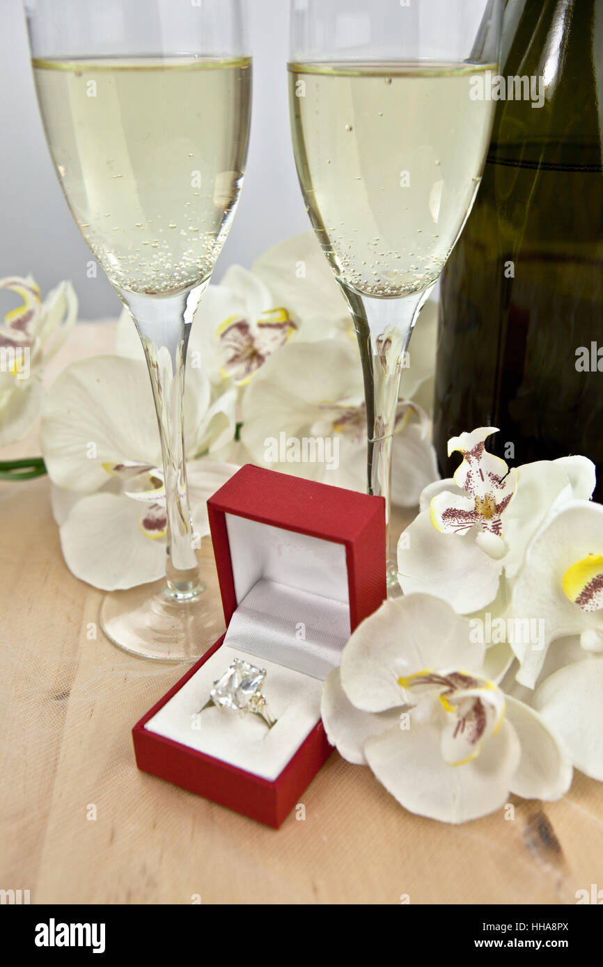 Romantik, Mi, Champagner, Vorschlag der Ehe, Verlobungsring, Ring, Stockfoto