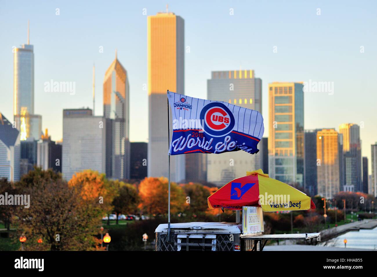 Ein in der Innenstadt von Chicago Zugeständnisstandplatz fliegt eine Chicago Cubs World Series Championship Flagge nach der 2016 World Series. Chicago, Illinois, USA. Stockfoto