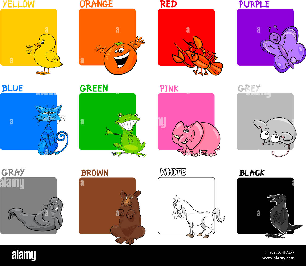 Bildung, Tiere, Illustration, Cartoon, primär-, Farben, Farben, Kind  Stockfotografie - Alamy