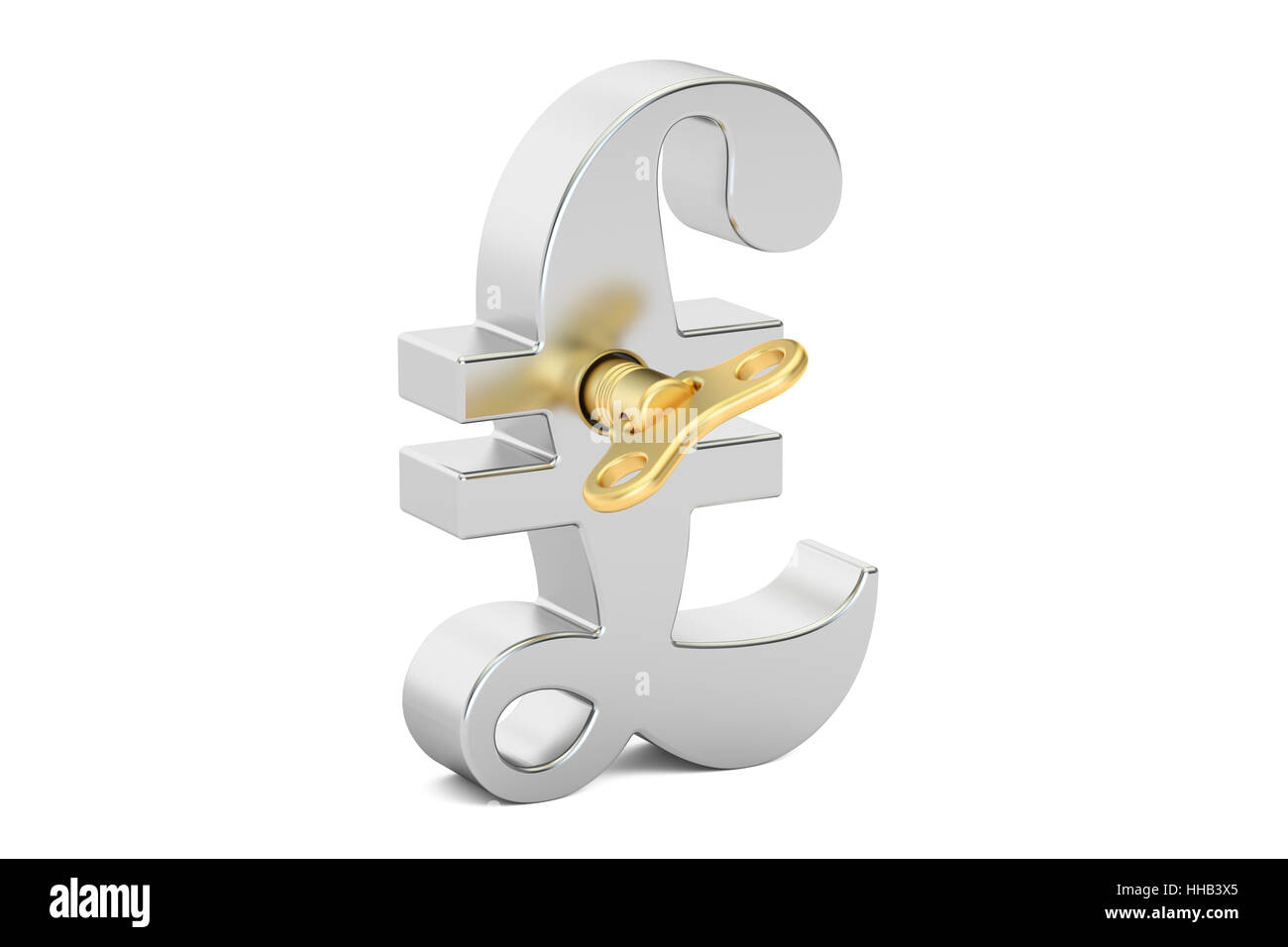 Silber Pfund Sterling Symbol mit Aufzieh-Schlüssel, 3D rendering Stockfoto