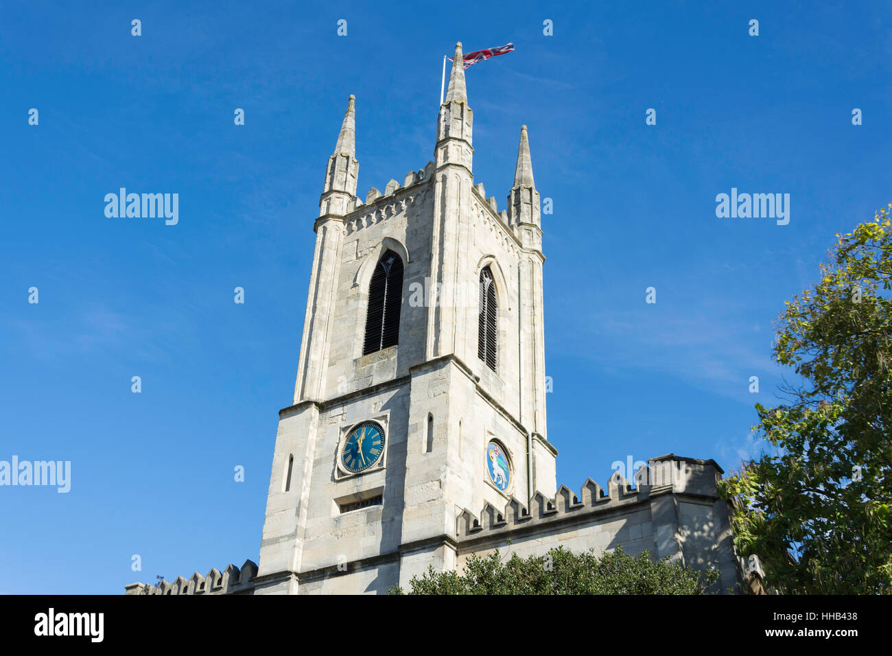 Tower of St John the Baptist Windsor Parish Church, High Street, Windsor, Berkshire, England, Vereinigtes Königreich Stockfoto