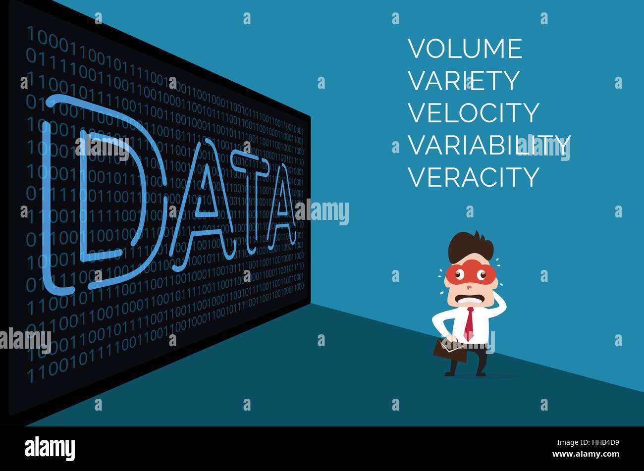 Abbildung der Geschäftsmann mit Cloud-Maske und big-Data digital Dashboard auf binäre Hintergrund. Stock Vektor