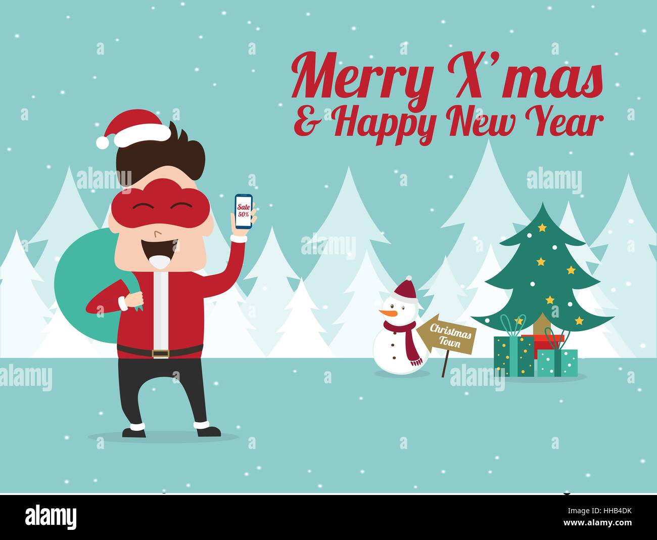 Abbildung: Cloud Maske Mann mit Handy mit Förderung auf Weihnachten Elemente Hintergrund Stock Vektor