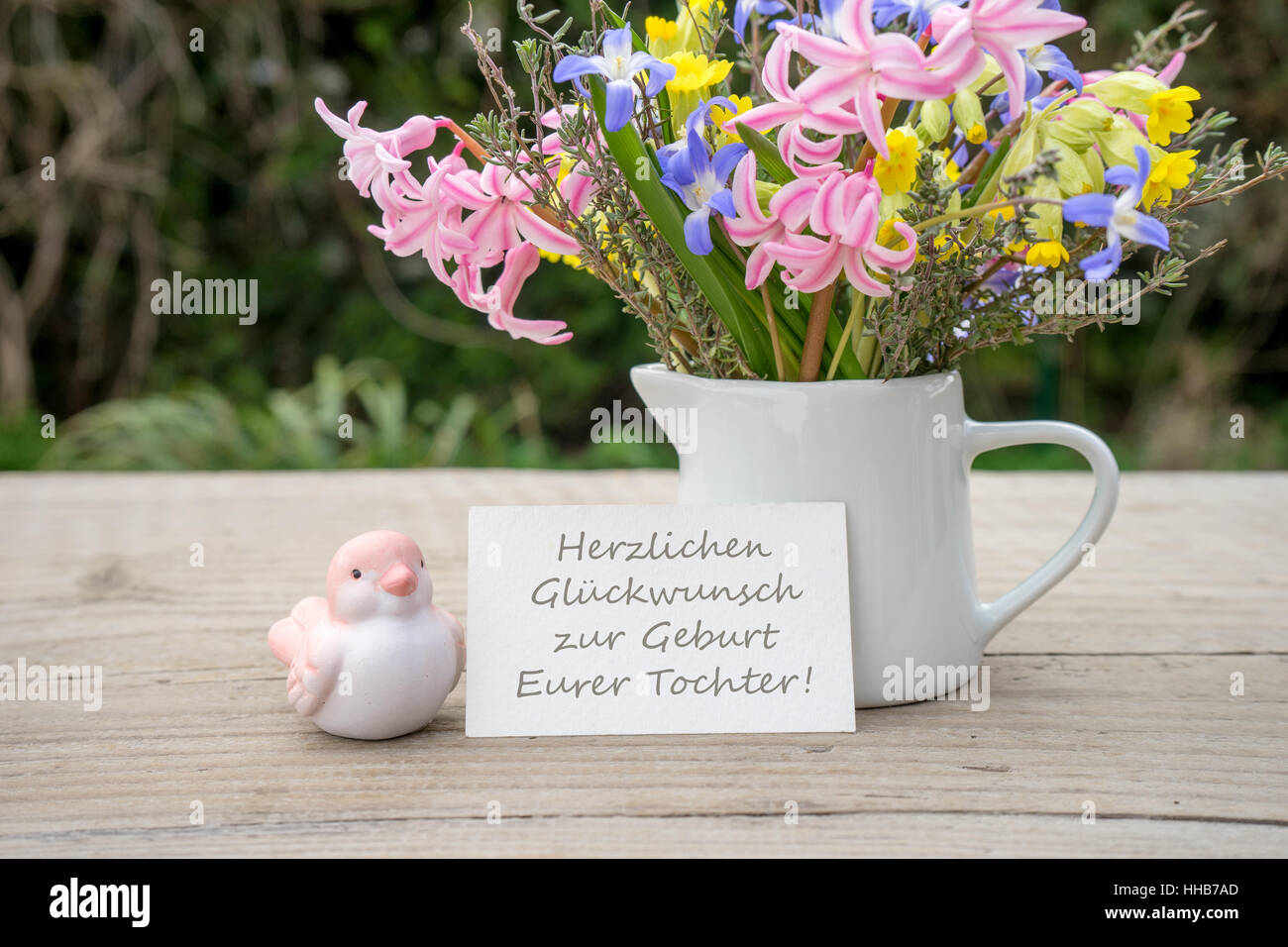 Deutsche Grußkarte zur Geburt mit Text: Herzlichen Glückwunsch zur Geburt Ihrer Tochter Stockfoto