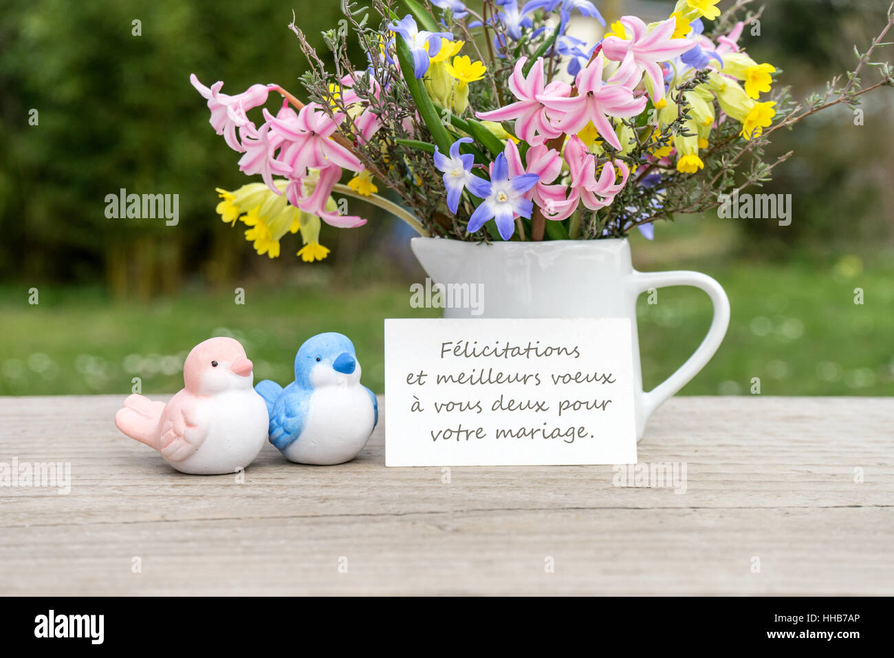 Französische Grußkarte mit dem Text: die besten Wünsche für die Hochzeit, viel Freude und Glück Stockfoto