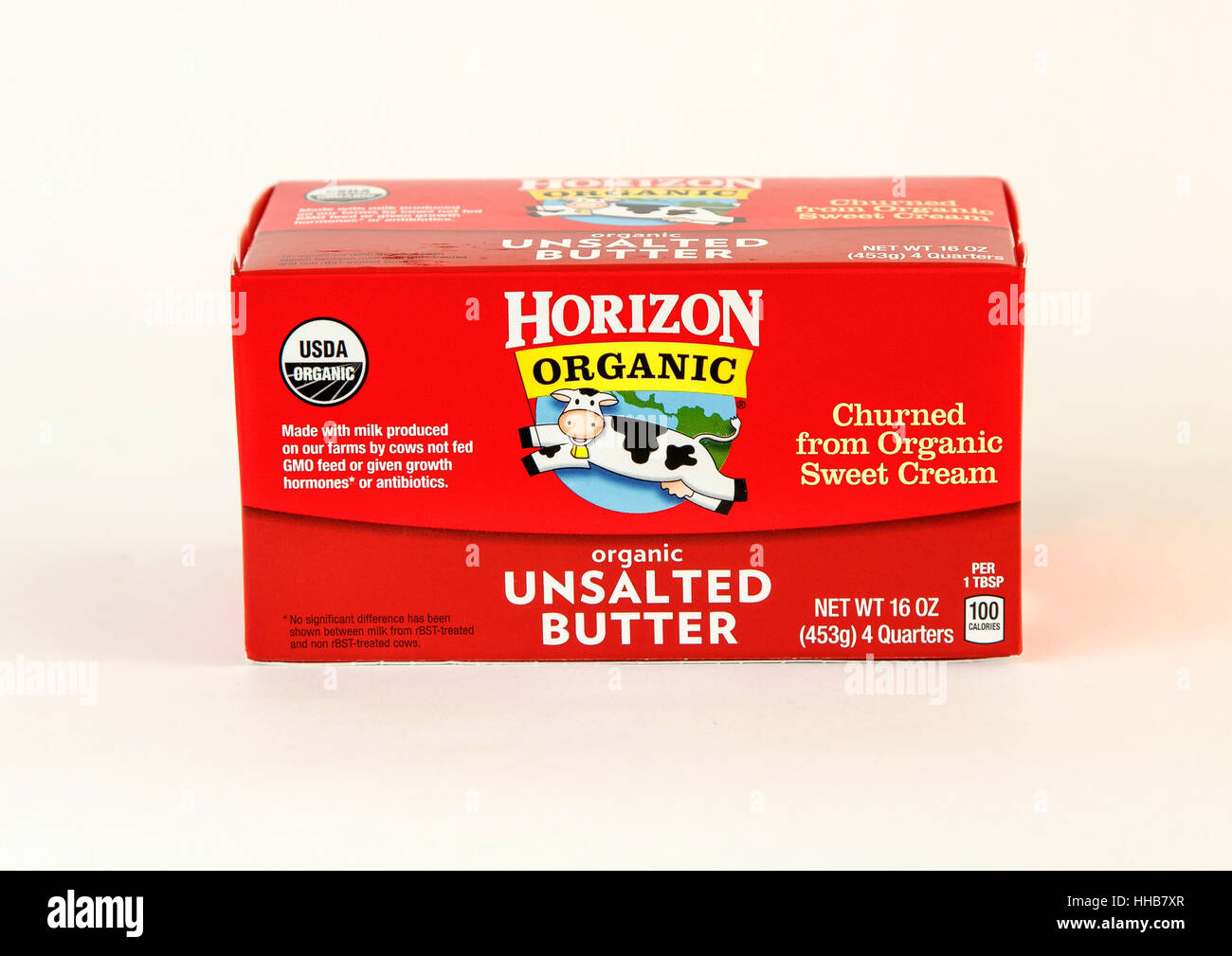 Eine Packung Bio ungesalzene Butter von Horizont. Stockfoto