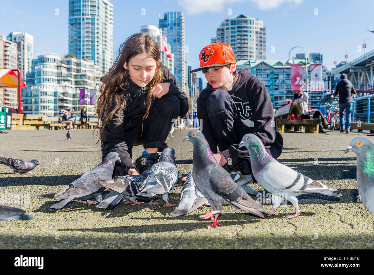 Junge Burschen, die Verfütterung von Getreide an Tauben, außen Granville Island Public Market, Vancouver, Britisch-Kolumbien, Kanada Stockfoto